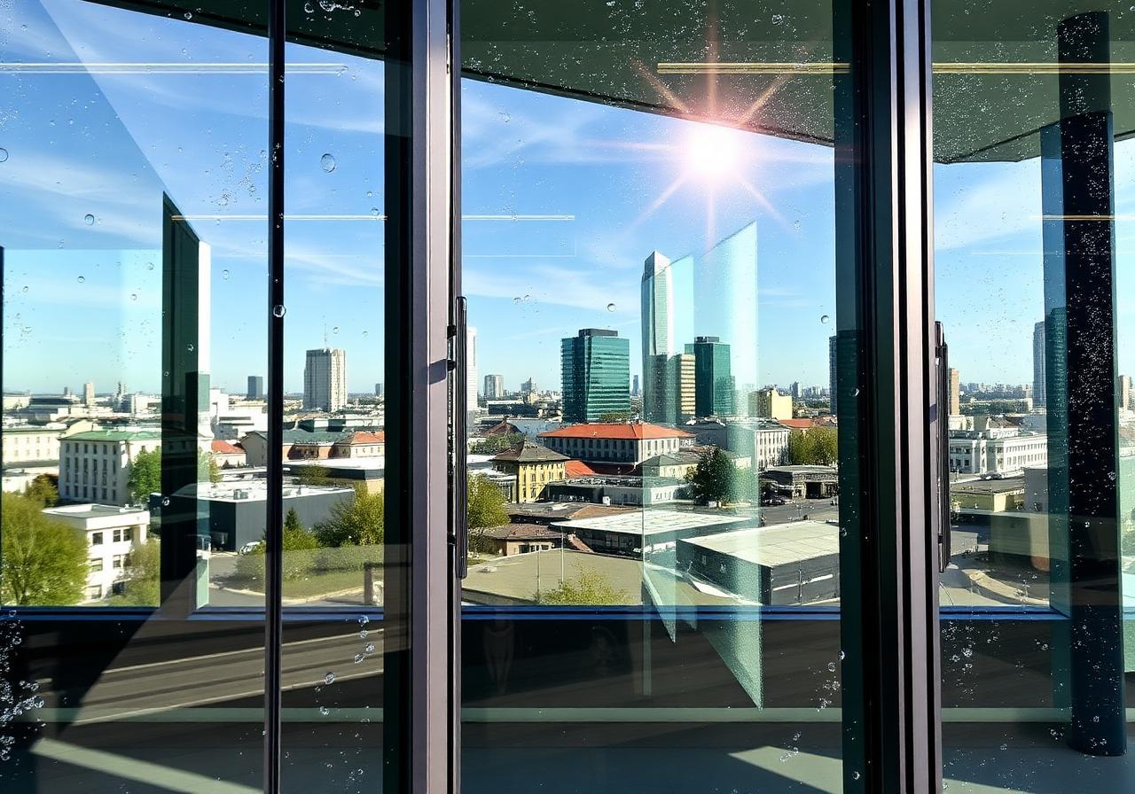 Streifenfreie Fensterreinigung mit Münchner Skyline